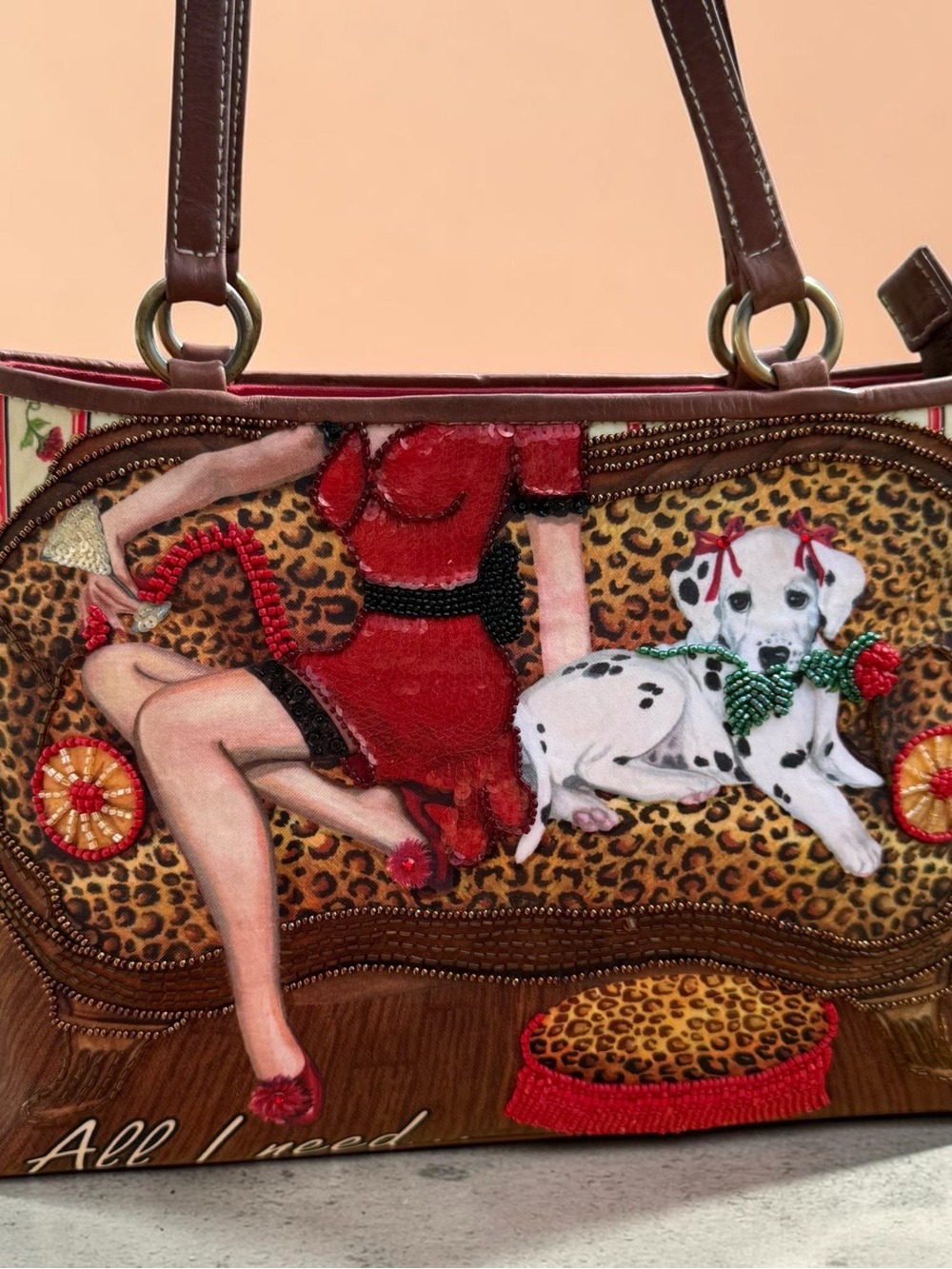 VTG Isabella Fiore "All I Need" Shoulder Bag Pinup Girl Dalmatian Beaded
